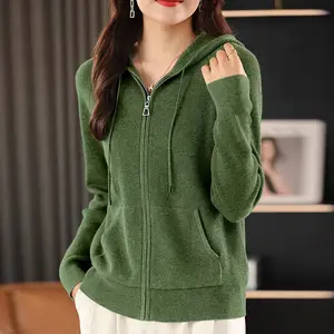 Women Autumn Winter Wool Blend Sweater Hooded Collar Thicken Knitted Zipper Cardigan With Pocket Basis Top Female Coat