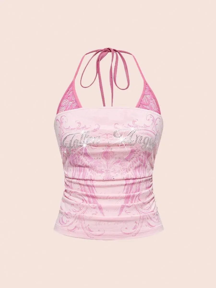 J-Fashion Spring/Summer Y2K Concert Punk Wing Print 2 In 1 Contrast Lace Sleeveless Halter Top