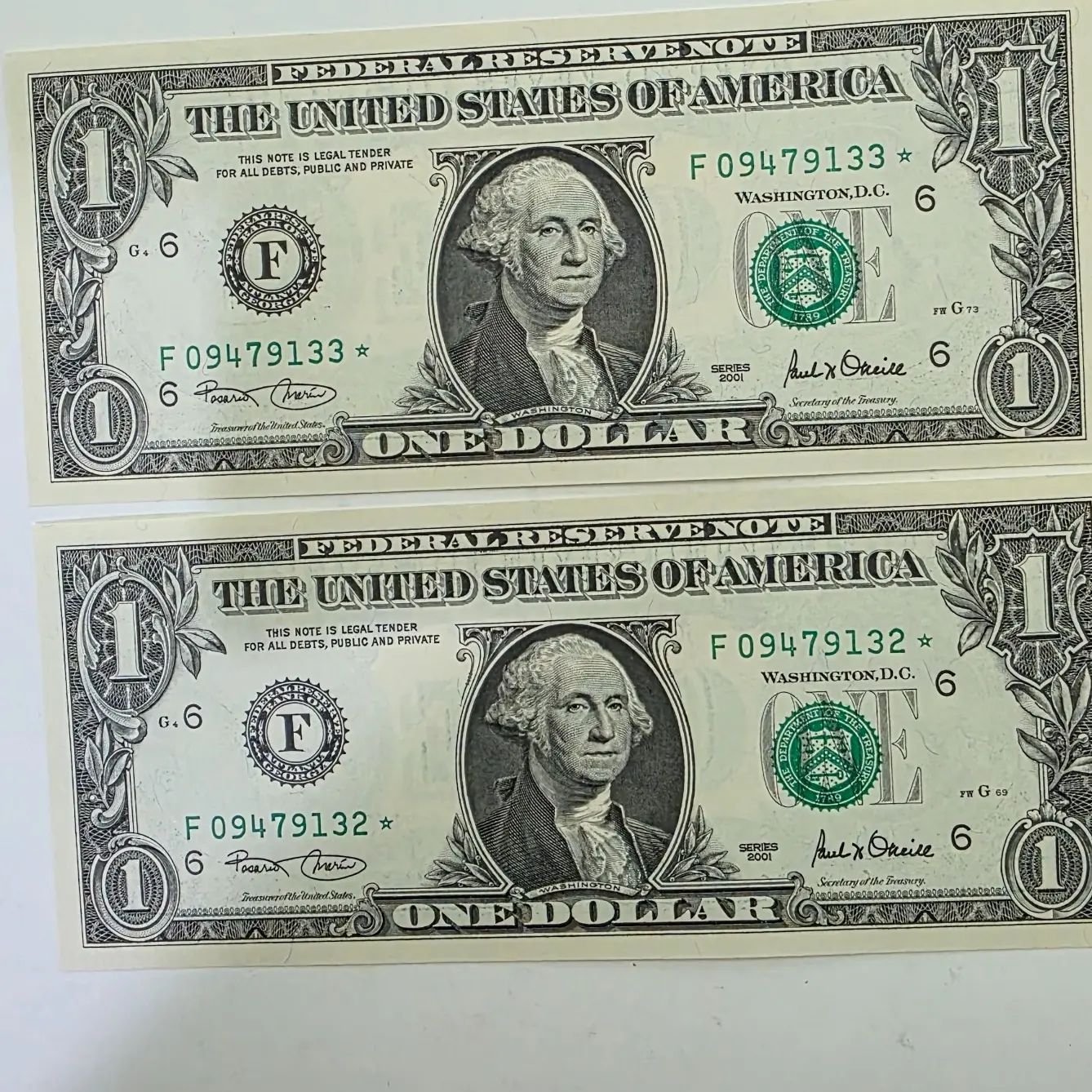 2001F GEM Uncirculated US $1 Star Banknotes - QTY 2, Sequential Serial Numbers, Non-Circulating Collectible Paper Money