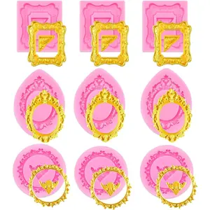 9PCS Vintage Picture Frame Silicone Molds for Fondant Chocolate Candy Polymer Clay Photo Frame Moulds for Cake Decorating Cupcake Topper