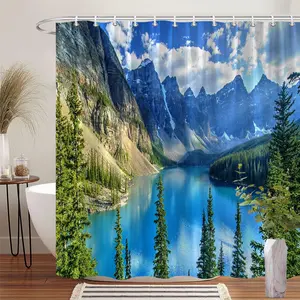 1Pc Scenic Nature Shower Curtain Mountain Lake and Pine Tree Landscape Bathroom Decor Polyester Fabric Bath Hanging Curtain 70.8x70.8 Inch with 12 Hookss, Perfect for Home or Cabin Retreat