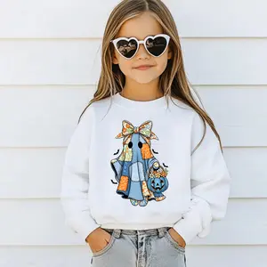 Kids Halloween Blue Denim Ghost shirt, Retro Trendy Patchwork Spooky Ghost, Perfect for Book Ghosts Season, Youth Heavy Blend Hooded Sweatshirt