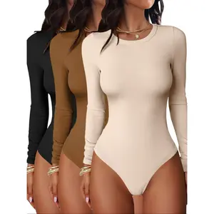 Women's Fall Winter Elegant Comfortable Round Neck Ribbed Long Sleeve Bodysuit Set, 3 Piece Tight Fit One-Piece Top