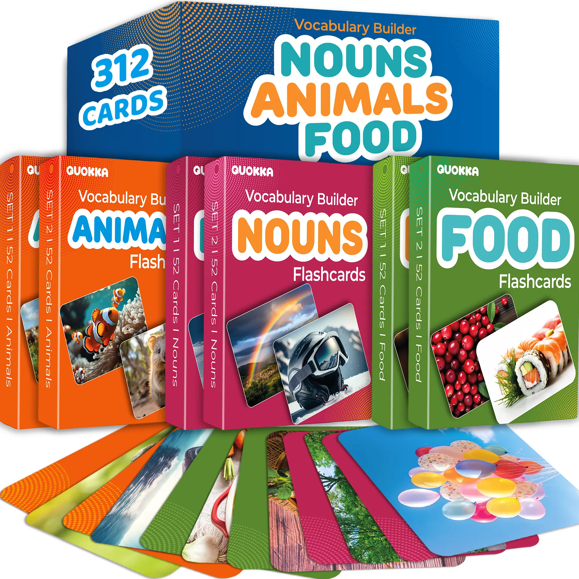 QUOKKA 312-Piece Visual Jumbo-Size Animal Learning Flash Cards Set - Bold Fonts Language Learning Tool, Vocabulary Improvement Aid with Matching Game for Ages 5-8, Vocabulary Flashcards, Word Cards