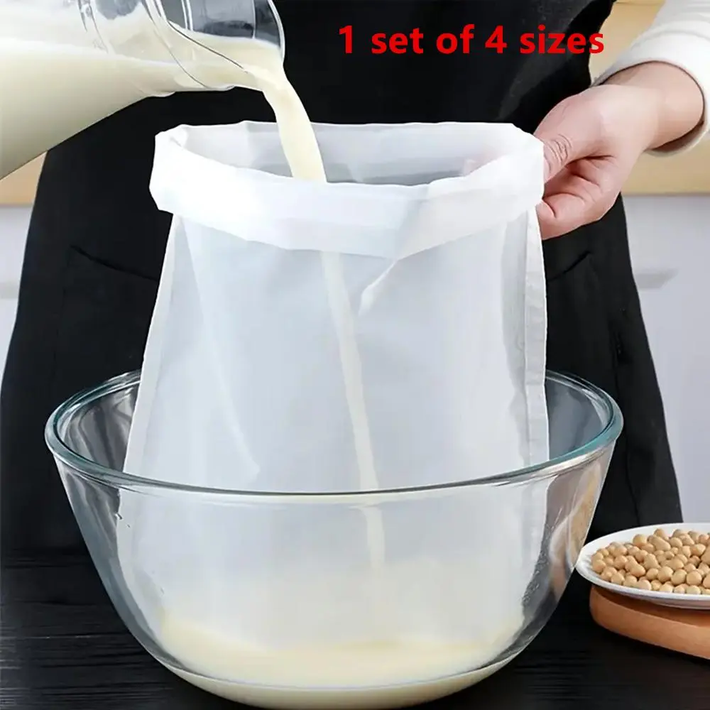 Reusable Multi-functional Drawstring Strainer Bag, 4 Counts/set Kitchen Food Filtering Pouch for Soy Milk, Herbs, Broths, Durable Fine Mesh Nylon Cheesecloth, Tea