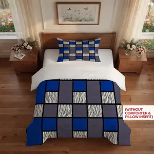 2/3PCS Mondrian Geometric Patchwork Duvet Cover Set, No Insert, Modern Blue & Grey Plaid Print Decorative Bedding, Ideal for Bedroom, Dorm & Couples, Great Gift Choice
