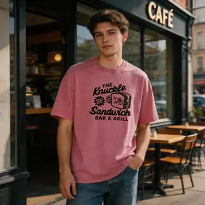 "The Knuckle Sandwich Bar & Grill" Angry Sandwich Mascot-Fun, Food-Themed, Humorous Print; Trendy Street-Style T-Shirt; Retro-Washed, Loose-Fitting, Oversized Streetwear T-Shirt, Perfect for Food Lovers and Fans of Retro Street Style