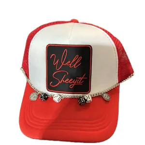 Well Sheeyit Trucker Hat with Red and White Design and Charm Pendant Accents
