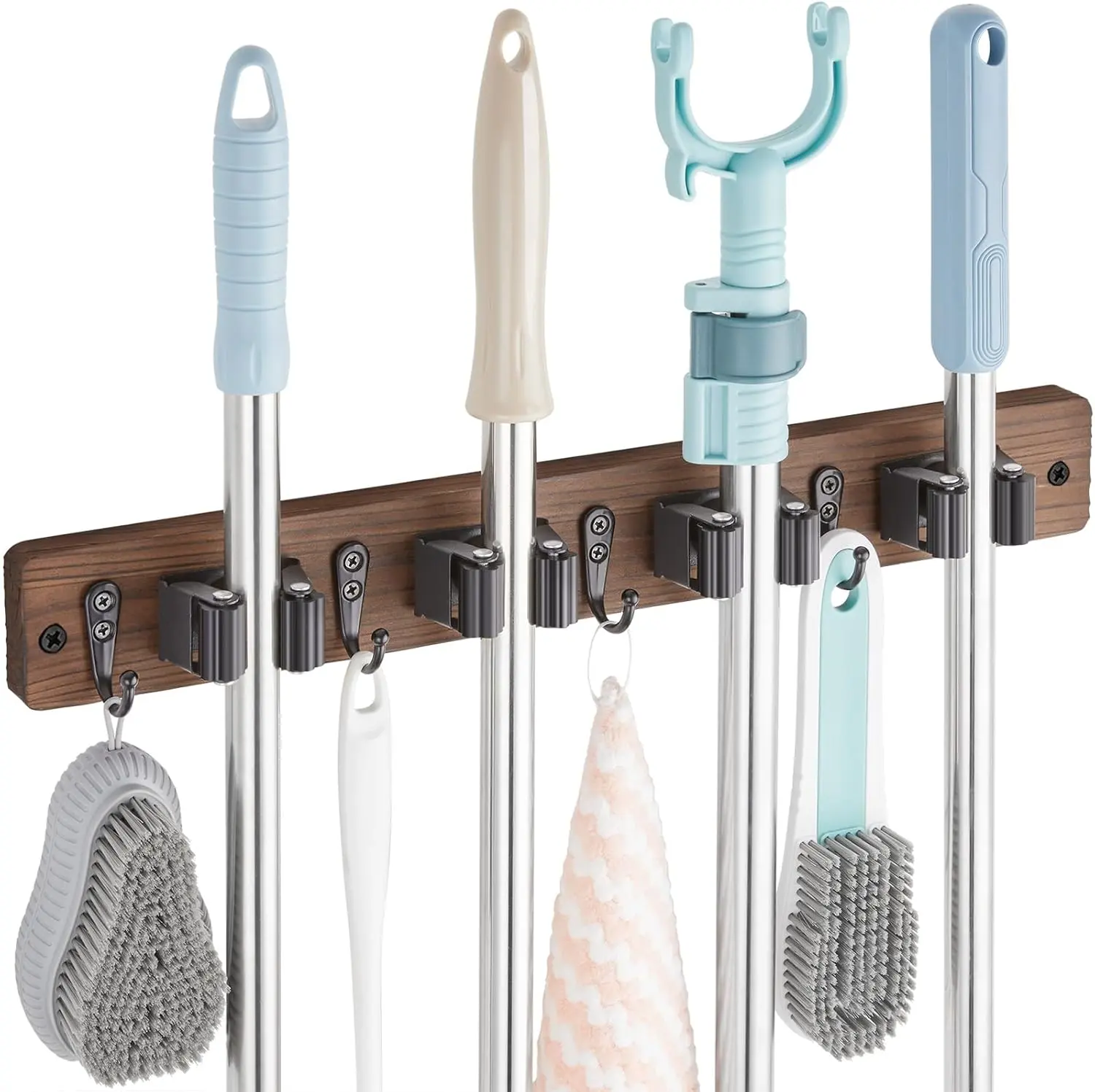 Mop and Broom Holder Wall Mount - Wood Broom Mop Hanger - Wall Mounted Garden Tool Rack Organizer for Closet Garage Laundry Room, Rustic Kitchen Decor With 4 Slots & 4 Hooks