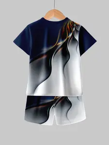 Boys' Gradient Line Style Short Sleeve Set, Art Exhibition & Creative Outing Scene, Stylish Summer Clothing for Kids