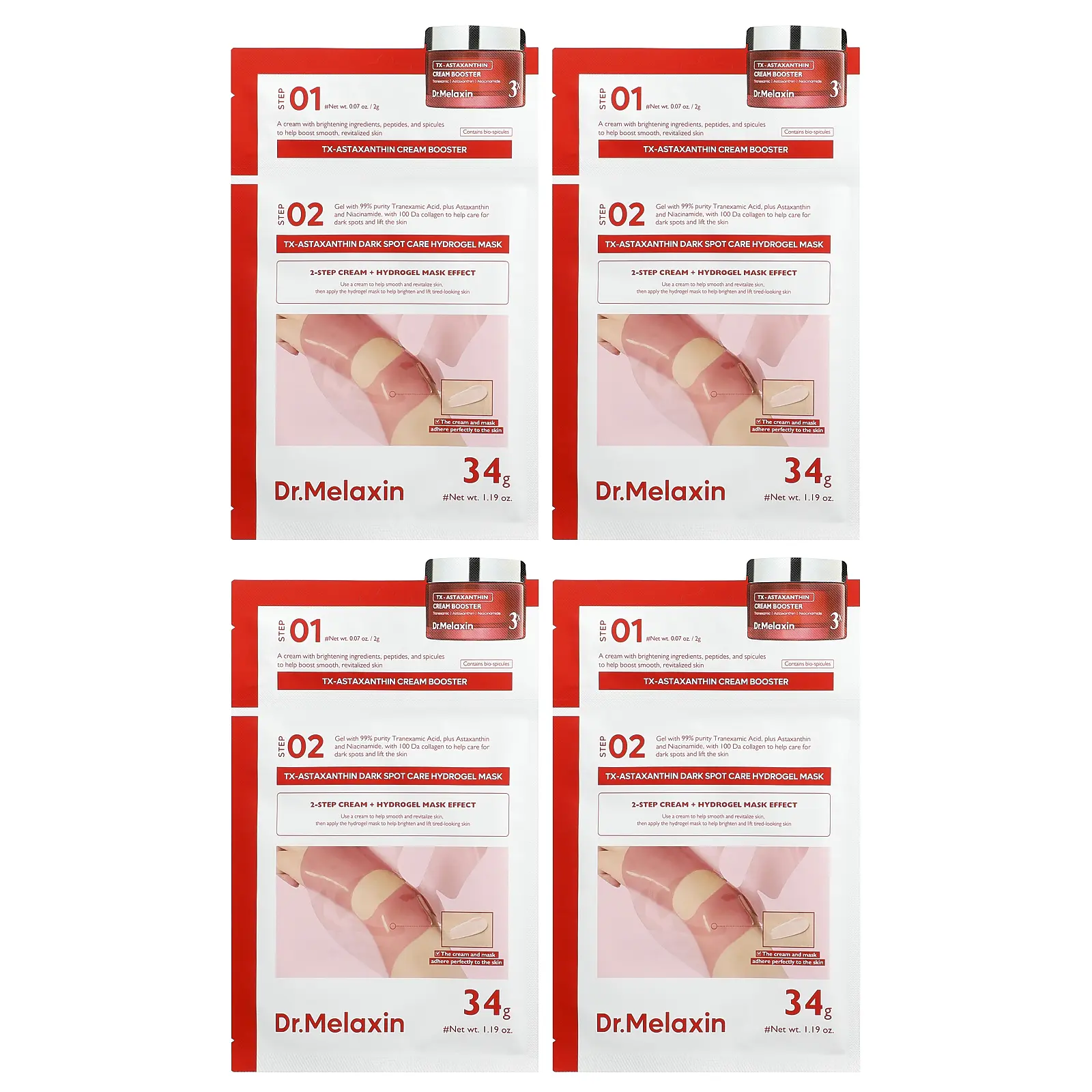 Dr.Melaxin TX-Astaxanthin Dark Spot Care Hydrogel Beauty Mask And Cream Boost, 4 Count, 0.07 oz (2 g)/1.19 oz (34 g) Each