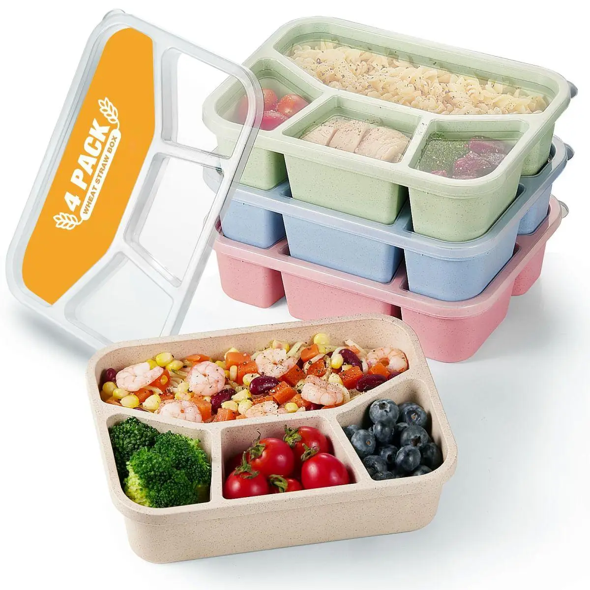 4 Pack Bento Lunch Box, 4 Compartment Wheat Straw Meal Prep Containers for Kids/Toddle/Adults, BPA Free Reusable Food Storage Containers, Durable Bent