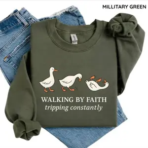 Honk nation Christian Goose Sweatshirt, "Walking by Faith, Tripping Constantly" Sweater, Funny Bible Quote Sweatshirt, Three Goose Graphic, Inspirational Gift for Believers Gift For Women For Men