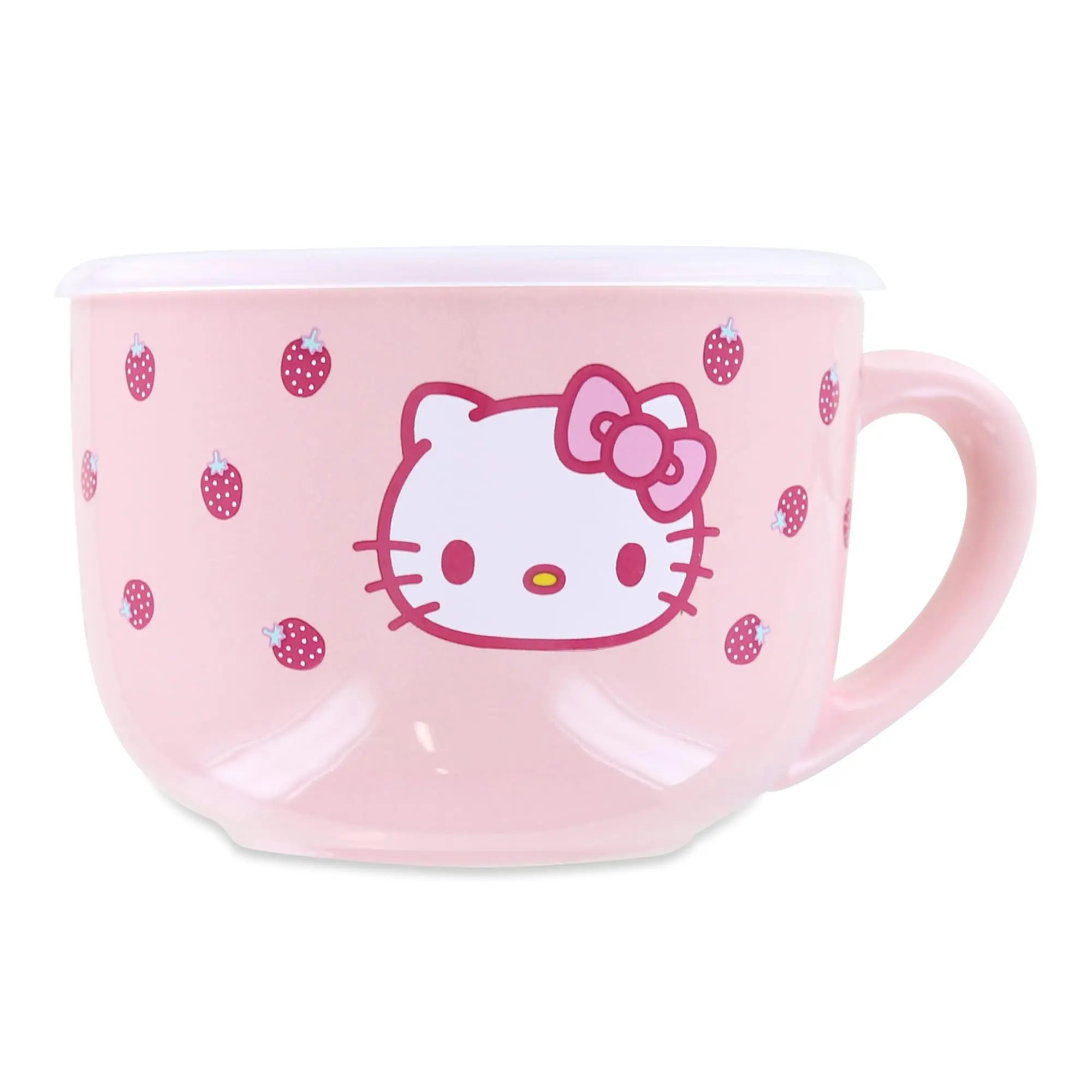 Hello Kitty Strawberries 25oz Ceramic Soup Mug with Vented Lid, Beverage, Party‑Ready Mug
