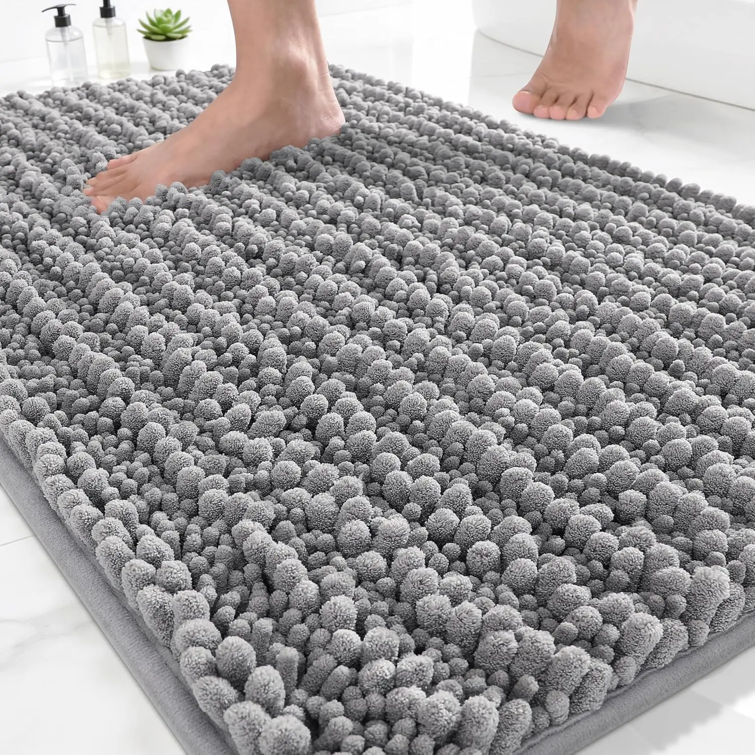 Bathroom Rugs Non-Slip Washable – Extra Soft & Absorbent Chenille Bath Mat, Quick-Dry Plush Shaggy Floor & Vanity Bath Rugs for Tub & Shower, Modern Home Decor Accessories, 24 x 17, Grey