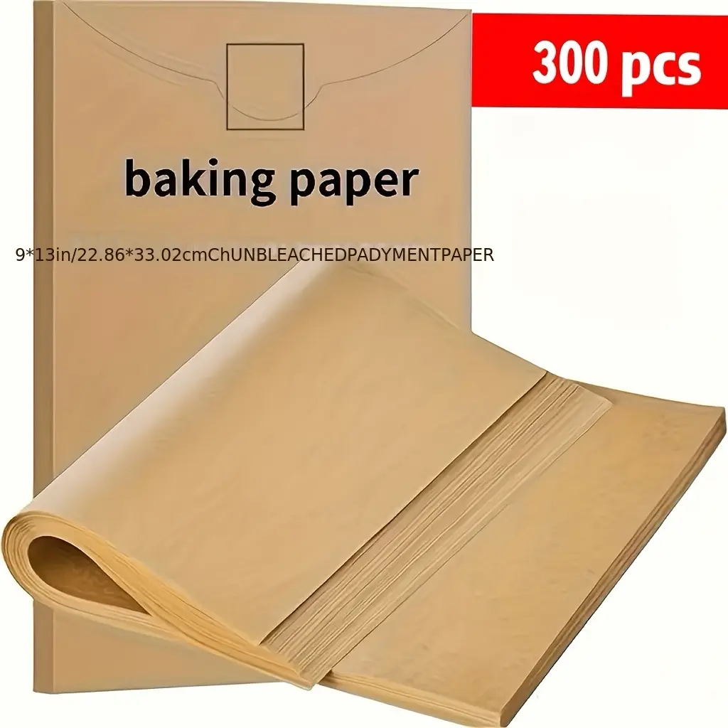 300pcs of Unbleached, Non-Stick Baking Paper Measuring 9X13 Inches, Ideal for Half Baking Trays. Perfect for Various Cooking Methods Including Baking, Grilling, Air Frying, Steaming, And Deep Frying