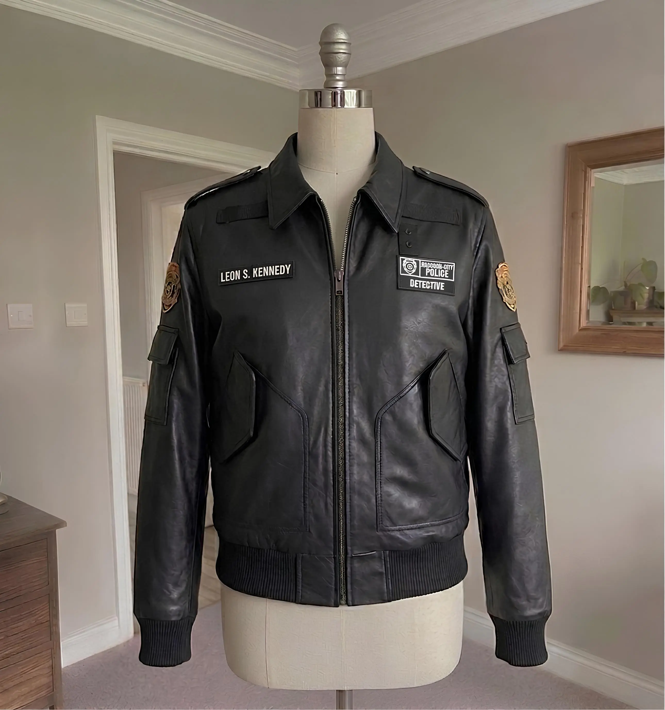 Leon S Kennedy Resident Evil 2 RPD Leather Jacket RE2 - Raccoon City Police Detective Cosplay - Biohazard Bomber Jacket