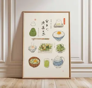 Japanese Kawaii Breakfast Poster, Cute Anime Food Art Print, Rice Egg and Matcha Wall Decor