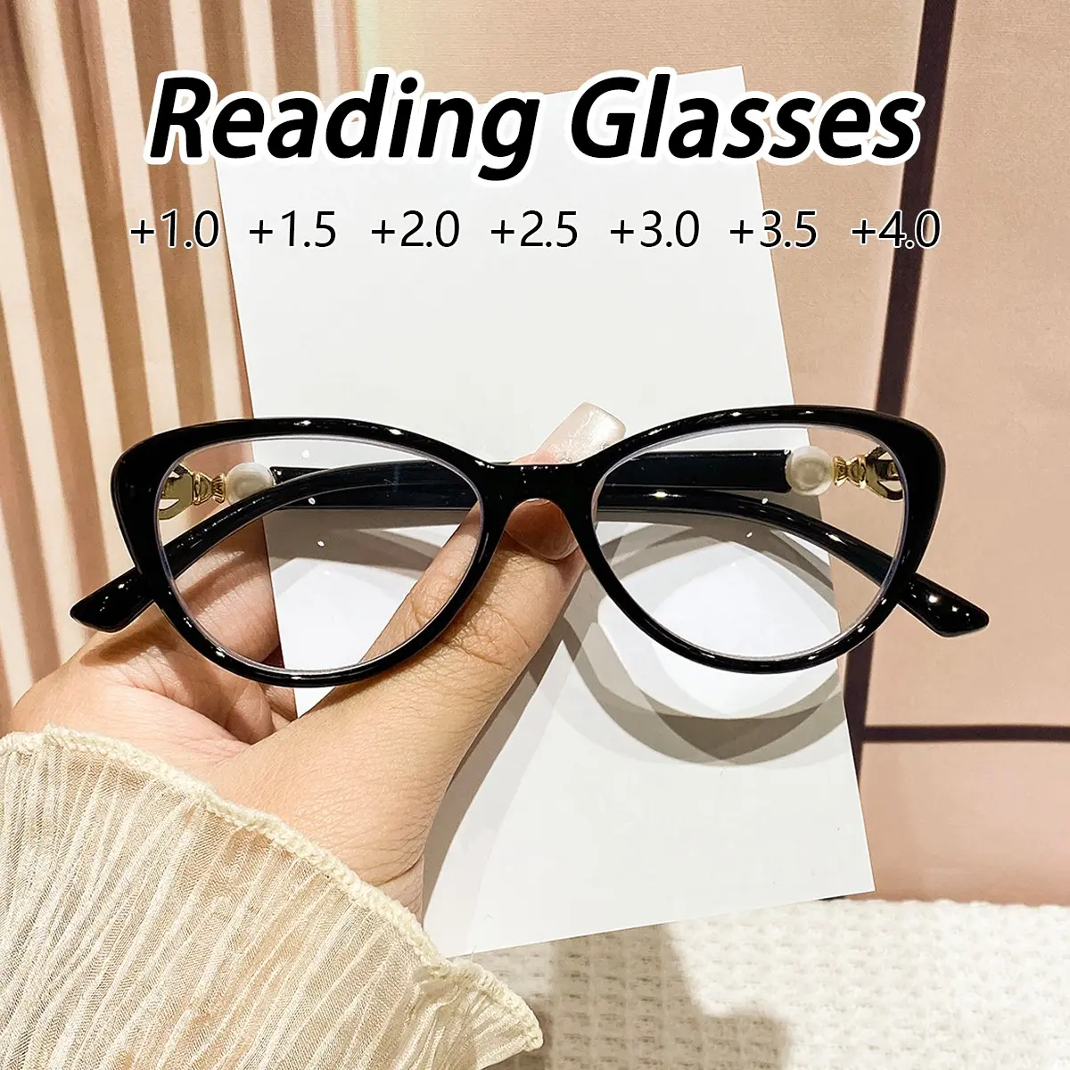 Women's New Cat Eye Full Frame Pearl Leg Decorative Reading Glasses, Reading Eyeglasses, Reading Eyewear, +1.0-4.0 Magnification, Clear Vision for Reading & Computer Use