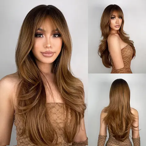 NAYASA Female 24in Light Brown Ombre Layered Cut Wig with Bangs & Dark Roots, 1pc Default Size Heat-Resistant Synthetic Fiber Artificial Wig, Easy to Use, Ideal for Daily Use & Halloween Costumes
