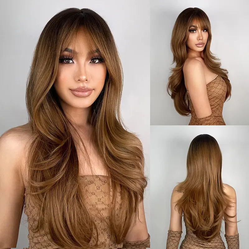 NAYASA Female 24in Light Brown Ombre Layered Cut Wig with Bangs & Dark Roots, 1pc Default Size Heat-Resistant Synthetic Fiber Artificial Wig, Easy to Use, Ideal for Daily Use & Halloween Costumes