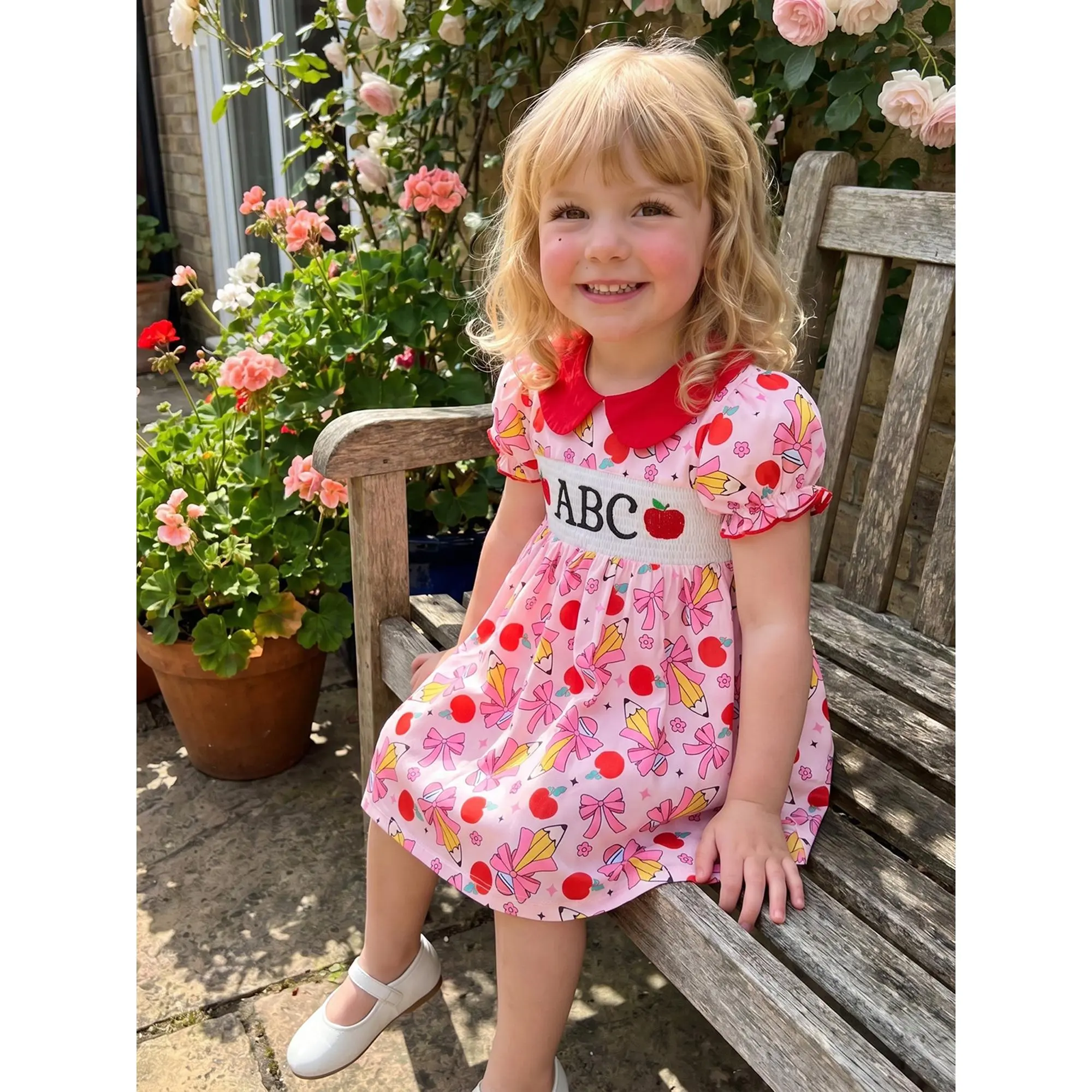 Toddler Baby Girls Summer Dress Back to School Apple Pencil Print Doll Collar Short Bubble Sleeve Dress