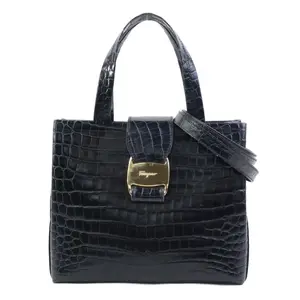 Pre-owned SALVATORE FERRAGAMO Leather Travel Bags Convertible Vara Bow Tote Crocodile Embossed Small by Rebag
