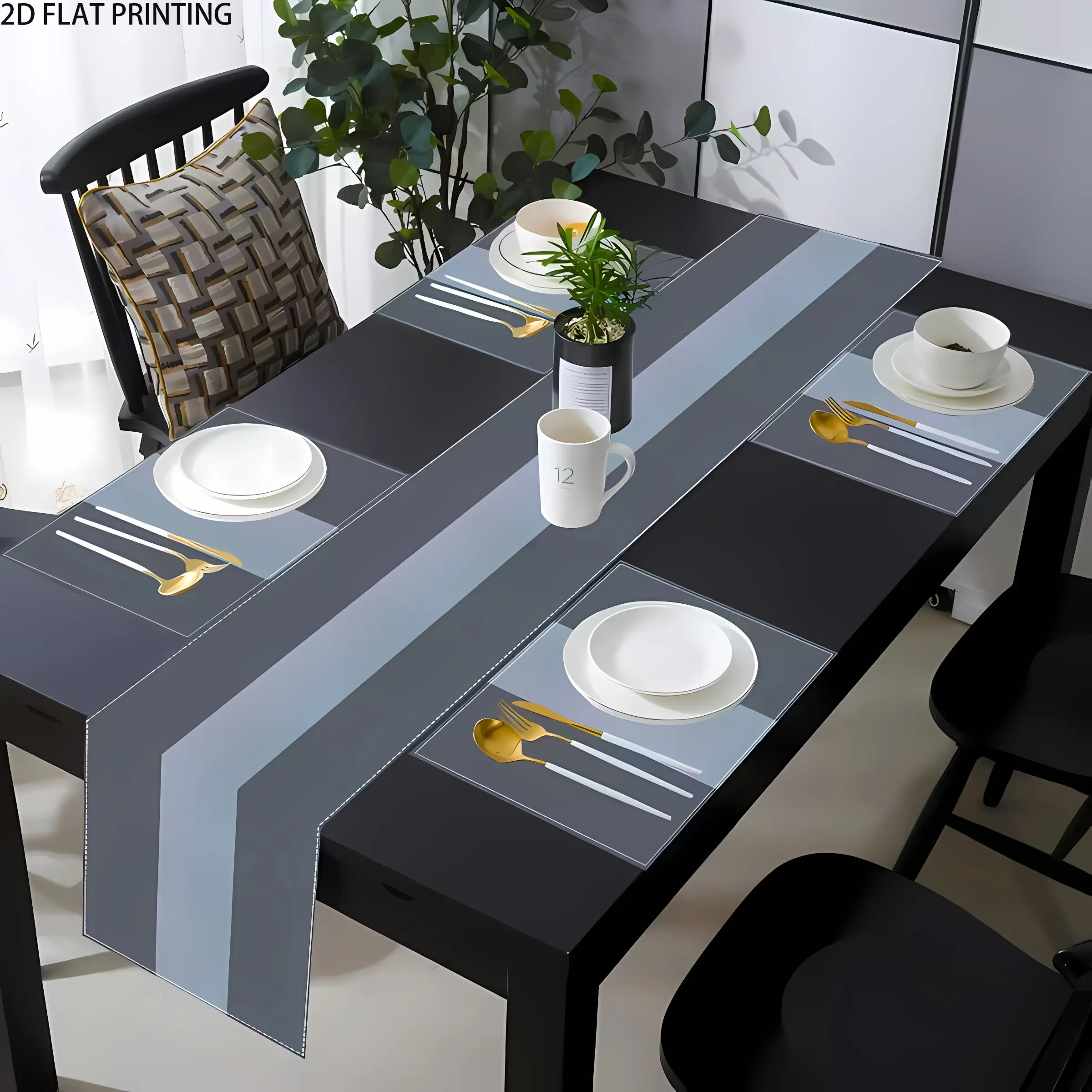 2D flat printing, 1/4/6/8 pieces table flag placemat set, Modern gray and blue stripe design, suitable for Home, restaurant kitchen, coffee shop dining decoration, all season use, Table placemats
