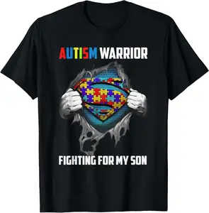 Autism Warrior Fighting for My Son Autism Mom Dad Parents Casual Graphic Print Cotton T-Shirt