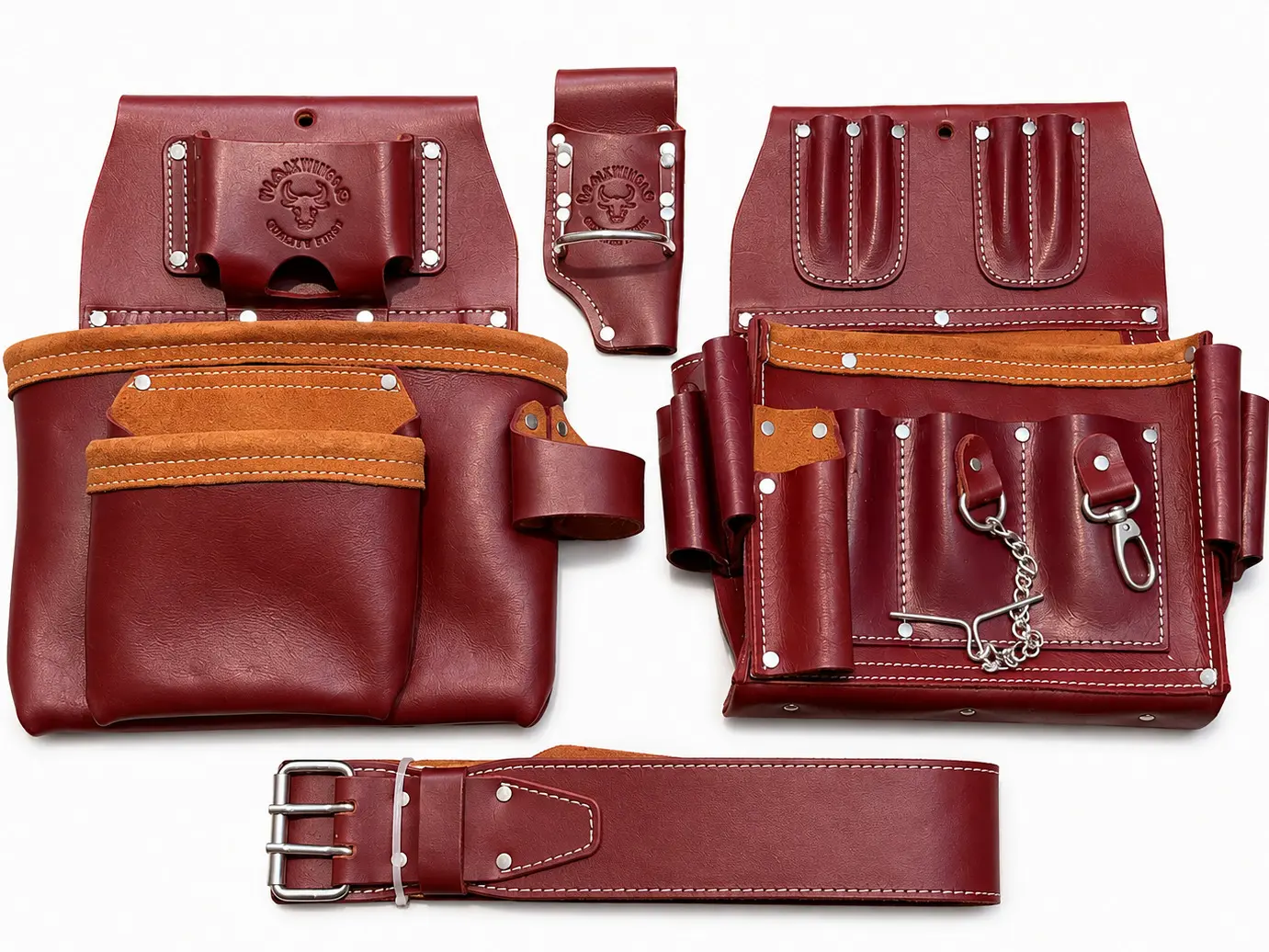 WAXWING 100% Buffalo Leather Electrician Tool Belt System WTB7002 - Industrial-Grade Rivets, Reinforced Metal Buckles, Weight Balance, Solid Construction, Adjustable Strap, Work Tool Organizer, Balanced Weight Distribution