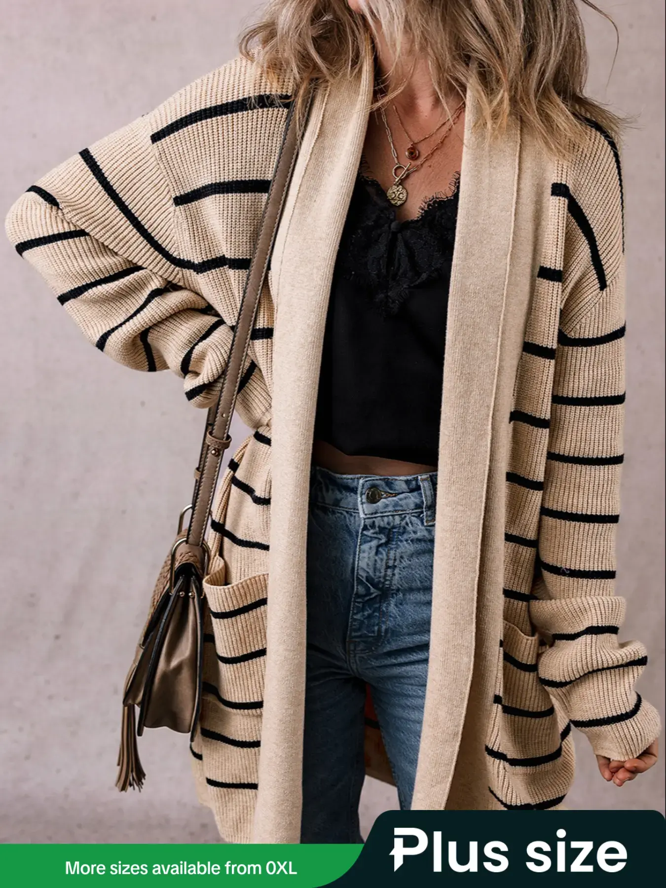 Women's Striped Knit Cardigan Sweater Knitwear, Loose-Fitting Baggy Oversized Large Size, Casual Fall & Winter Fashion, Elegant Long Sleeve Top for Daily Wear