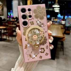 Smiley Sunflower Pattern Phone Case with Rotating Magnetic Stand, 1 Count Glitter Phone Protective Cover, Phone Accessories Compatible with Samsung Galaxy Series, Casing