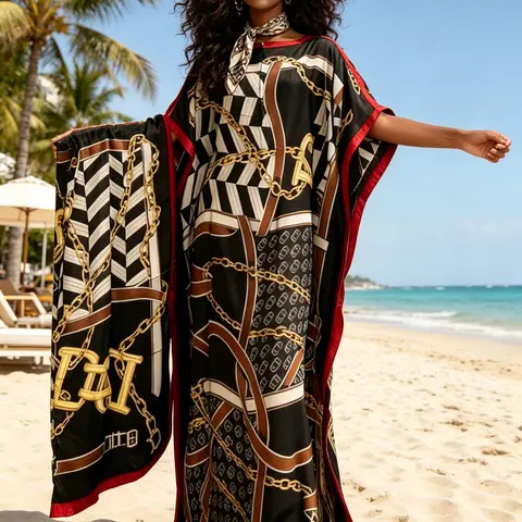 Women's Boho Style Long Dress Set with Scarf, Base Border Chain Print, Batwing Sleeve, Elegant Vacation Wear, Mother's Day Gftft, Bohemian Aesthetic