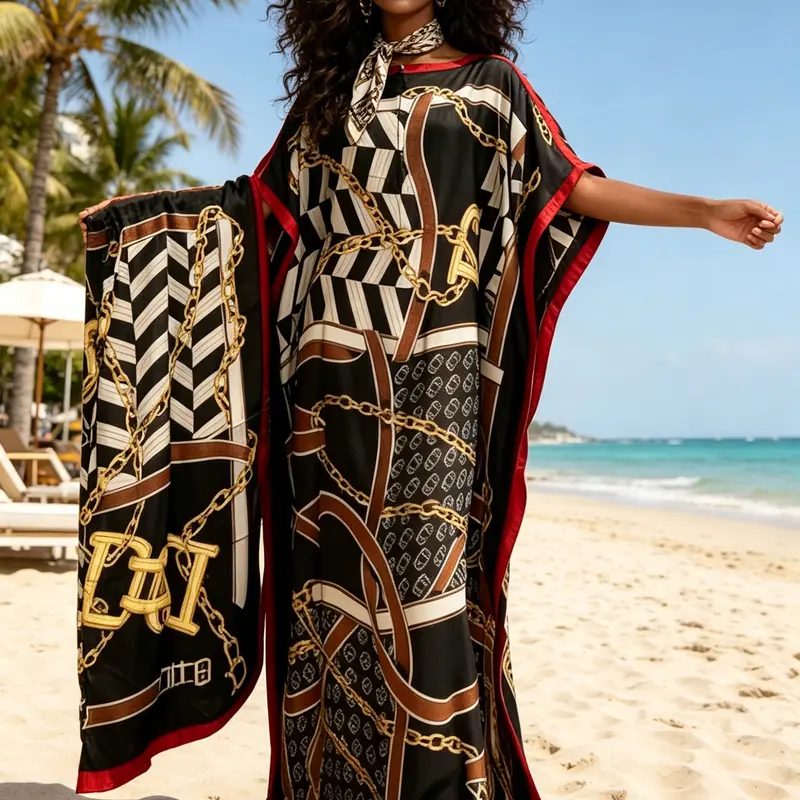 Women's Boho Style Long Dress Set with Scarf, Base Border Chain Print, Batwing Sleeve, Elegant Vacation Wear, Mother's Day Gftft, Bohemian Aesthetic