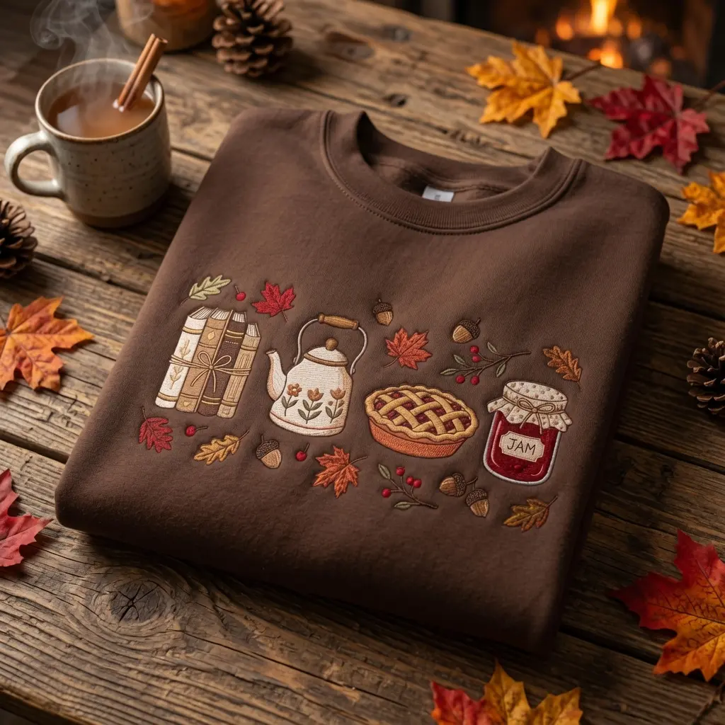Embroidered Autumn Fruit Jam Sweatshirt, Cozy Fall Teapot Crewneck, Thanksgiving Pie Shirt, Cottagecore Gift