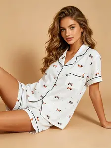 Women's Button Down Short Sleeve Top and Shorts Pajama Set, Loungewear, Spring & Summer Wearable, White Dachshund Cartoon Print with Black Piping Trim, Pet Lover Home Style, Comfort Fit, For Home Daily & Pet Time