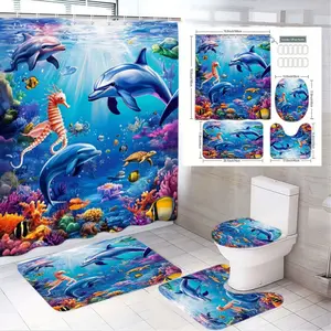 1/4pcs Vibrant Underwater Ocean-Themed Bathroom Decor Set - Colorful Tropical Fish, Coral Reef, Seahorse, Sea Turtle & Dolphins Shower Curtain, Toilet Lid Cover, Contour Rug & Bath Mat for a Refreshing Coastal Retreat