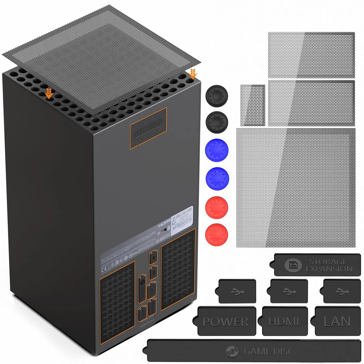 Dust Filter for  Series X Console- 8  Plugs and 4 PVC Meshs Set, Anti-Dust Vent Cover  Case X-Series X Accessories with 6 Thump Grip Caps for  Controllers