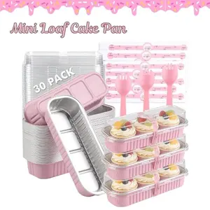 30 Pack Mini Loaf Cake Pans with Lids & Spoons, 6.8oz Disposable Aluminum Foil Baking Cups, Small Rectangular Bread Tins for Baking, Party, Picnic, Holiday (Pink)