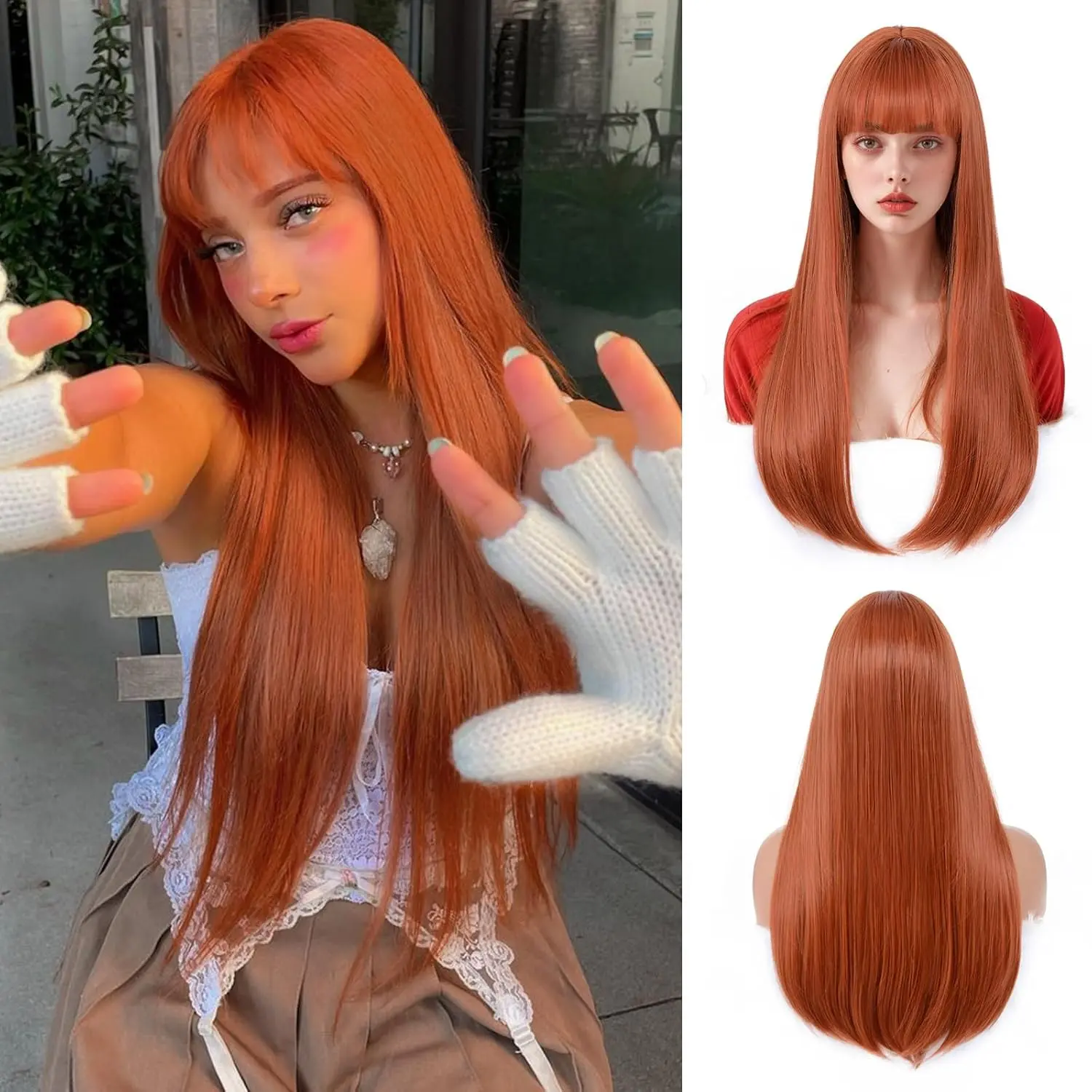 Left Long Straight Ginger Orange Wig for Women with Bangs  display picture 1
