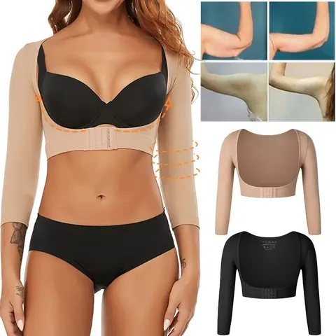 Women's Basic Seamless Arm Shaper - Post-Surgery Lipo Compression Sleeves, Front Hook & Eye Closure Faja with Smooth Fit