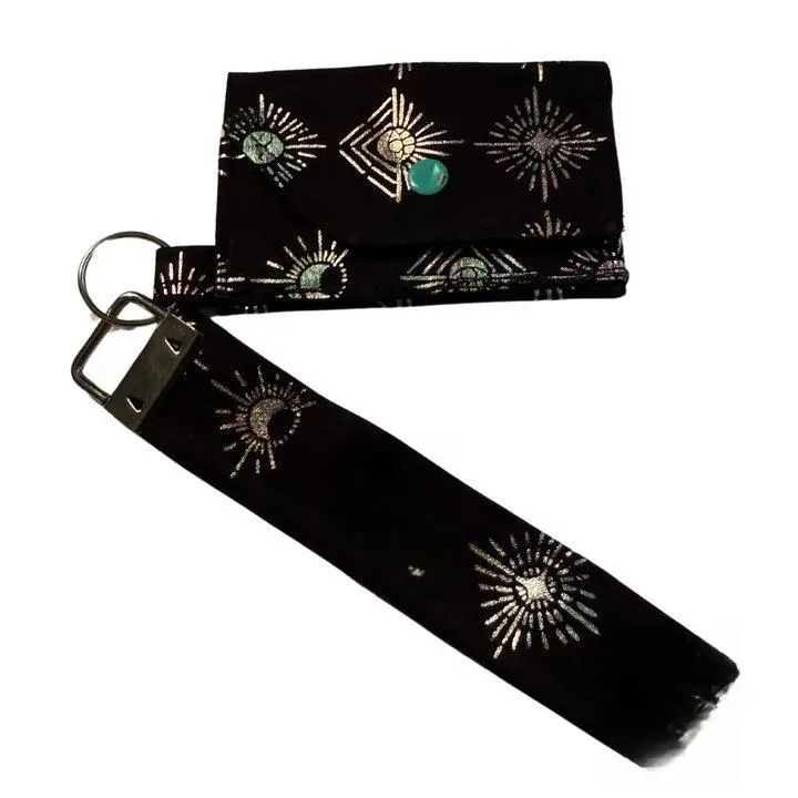 Women's Black Celestial Wallet with Gold-Teal Accents, Casual Basic, Celestial Motifs, Lightweight Durable Fabric, Multi-Compartment Card Holder, Machine Washable, Snap