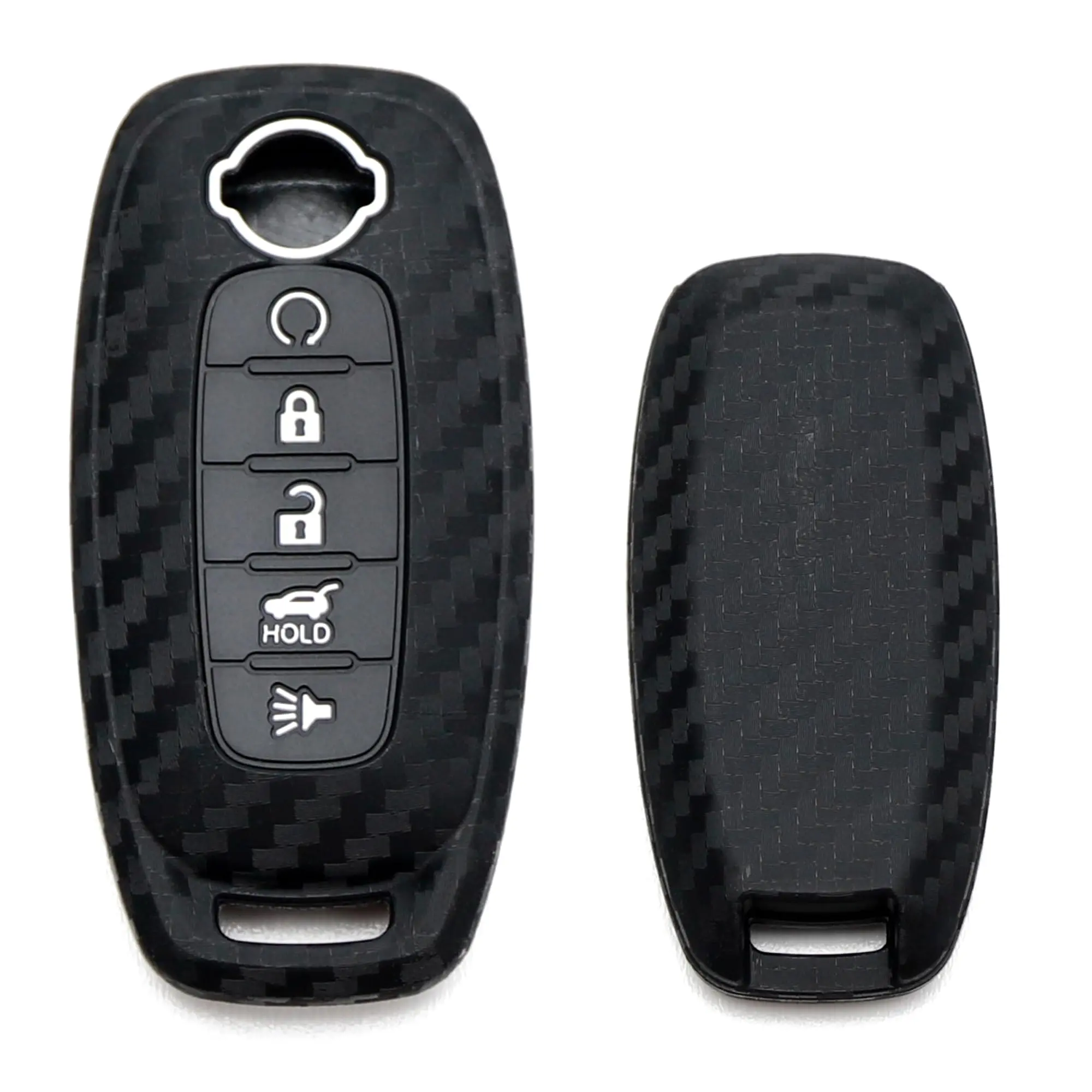 iJDMTOY Black Twill Weave Carbon Fiber Pattern Soft Silicone Key Fob Cover For Nissan 2022-up Rogue Pathfinder 5-Button Car Key