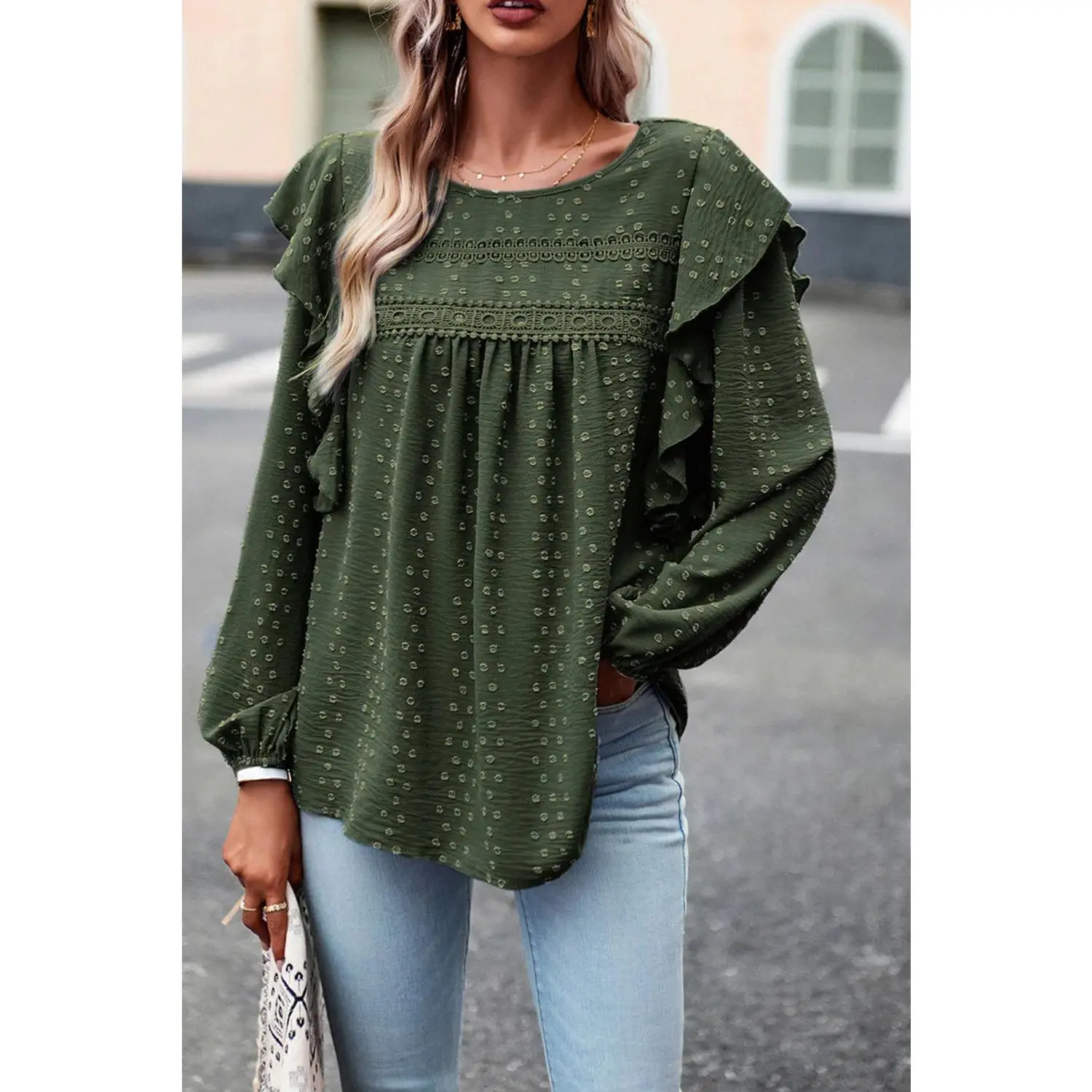Eyelet Ruffle Long Sleeve Blouse Eyelet Ruffle Long Sleeve Blouse
