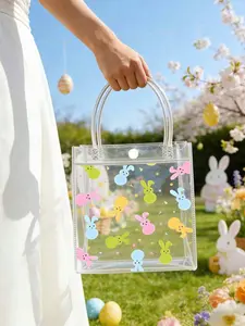 New Easter Bunny Transparent PVC Gift Bag, Easter Party Gift Bag with Handles (6.3 x 5.9 x 2.7 inches), Colorful Bunny Pattern, Reusable Transparent Candy Tote Bag, Spring Birthday Holiday Party Supplies, Surprise Gifts