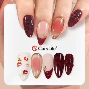 CurvLife Handmade Long Stiletto Press On Nails 10Pcs with Crimson Kiss Design Red Leopard Print & Gradient Gold Edge 3D Cherry & Lip Art Acrylic Tips Unique Handmade False Reusable Glam Art for Women Easy to Apply and Remove Trendy Nail Girl Nail Art
