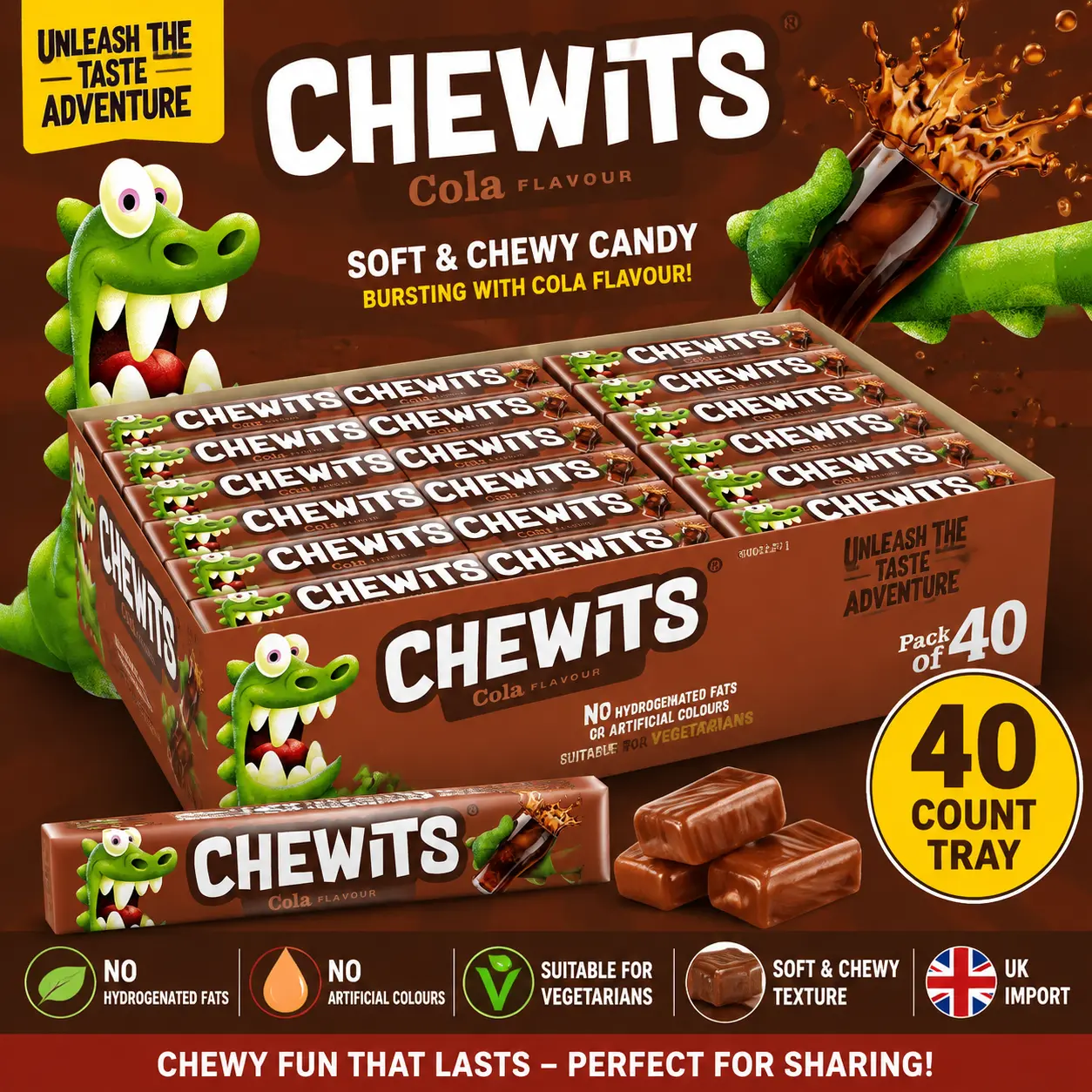 Chewits UK Import Cola Soft Chewy Candy 1 oz 40 Count Tray  Classic Cola Flavored Chewy Sweets | British Candy Favorite