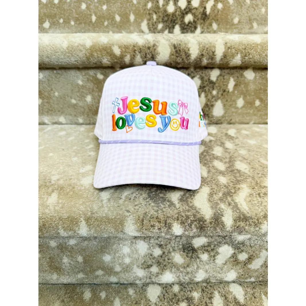 Jesus Loves You Pink Checker Puff Embroidered Hat