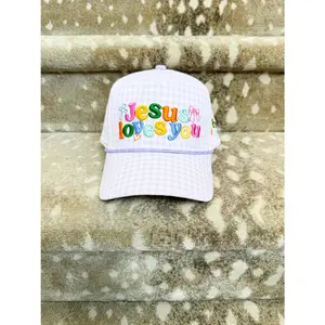 Jesus Loves You Pink Checker Puff Embroidered Hat