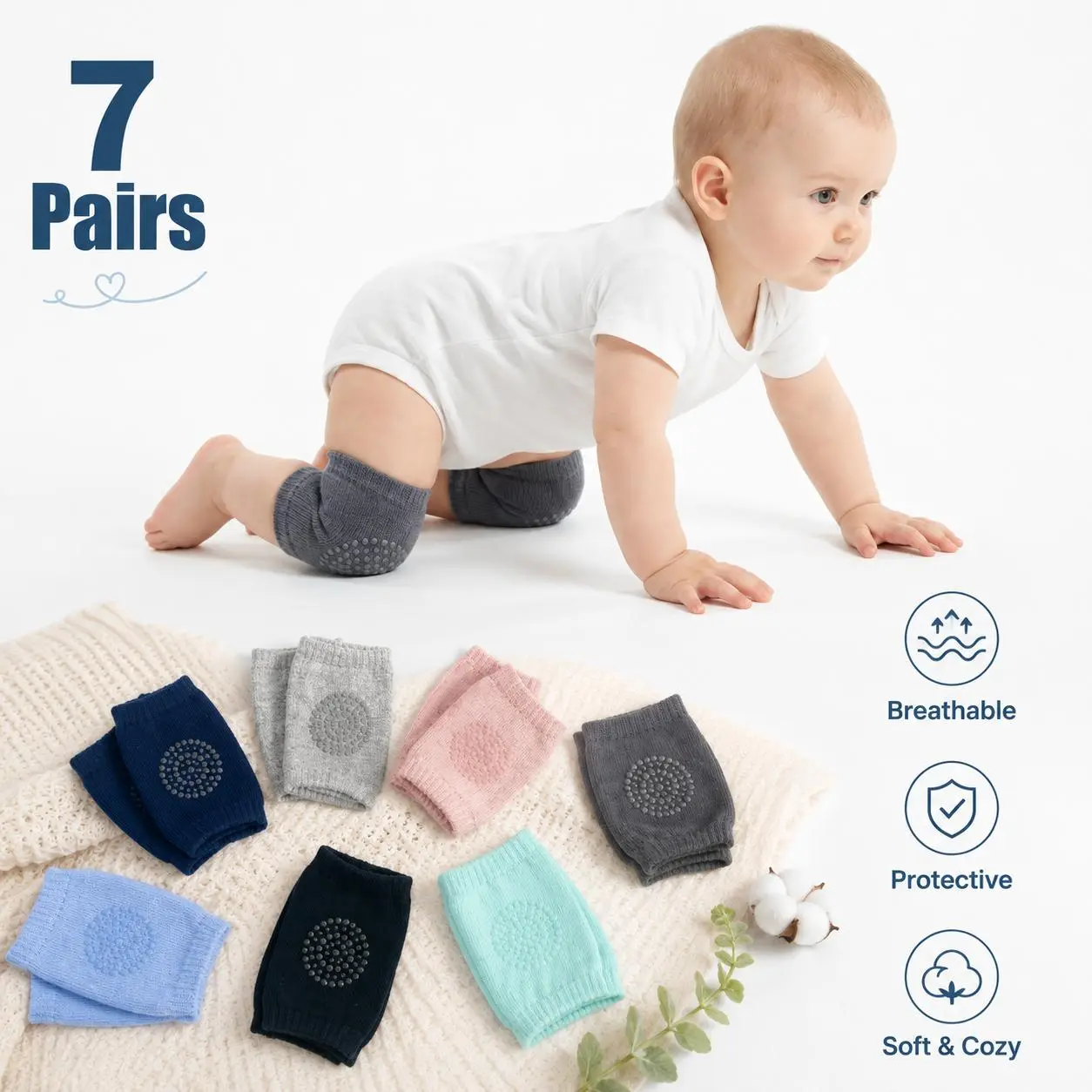 Baby knee pads, simple solid-color basic style, non-slip, moderate thickness, suitable for all seasons, unisex.